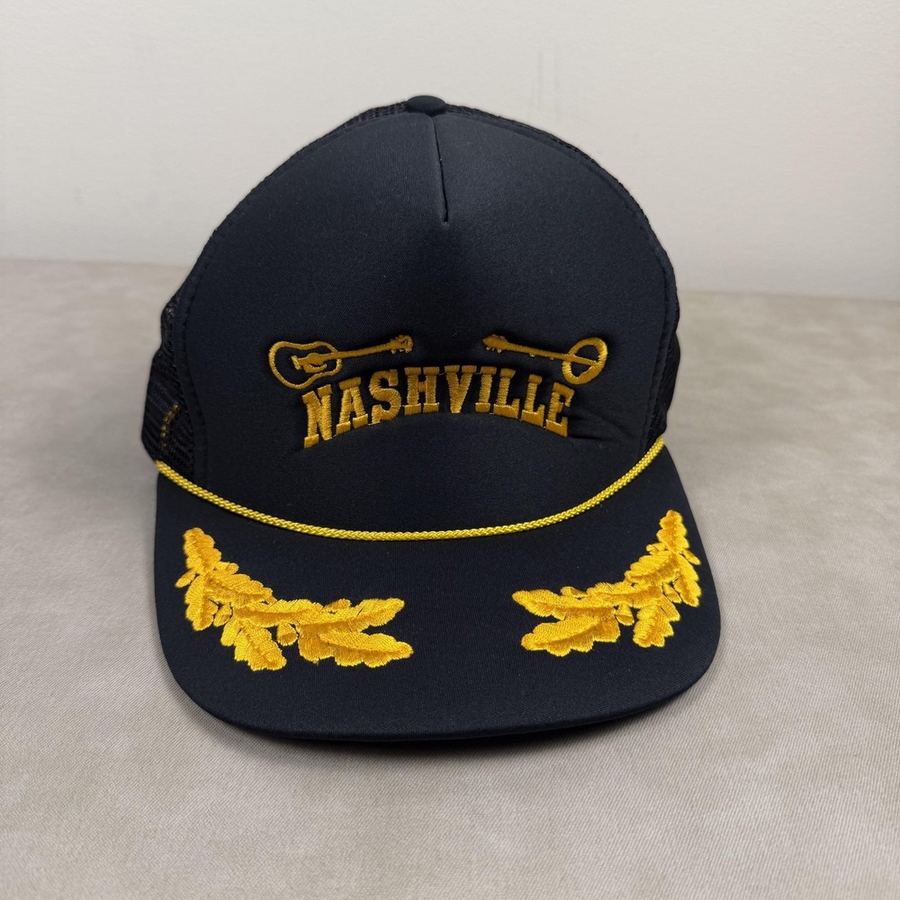 Vintage Nashville Hat Cap Snap Back Black Gold Mesh Trucker Rope Music Mens 90s